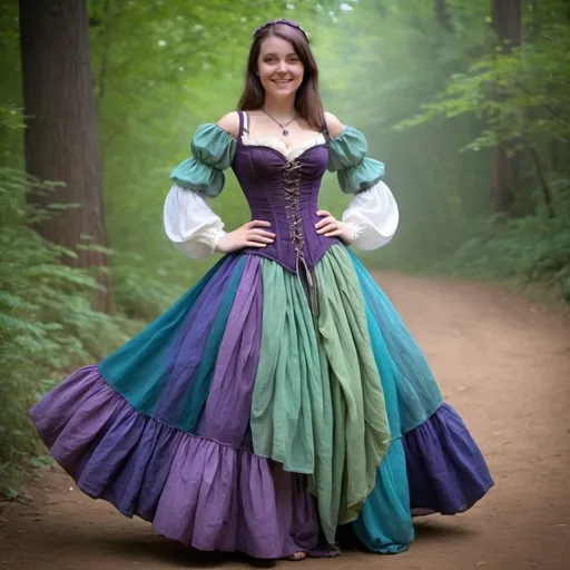 Prompt: Renaissance fair outfit, gauzy and iridescent fabric, billowing layered skirt and cinched corset, purple green and blue
