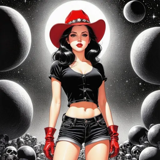 Prompt: Virgil Finlay, Tsubaki Nekoi, Vasanti Unka, Hiroshi Masumura, Chiho Saito, goth punk girl in black jean shorts and red cowboy boot and hat, detailed masterpiece low high angles perspectives, lana del rey, Wednesday adams, full body pinup, full color