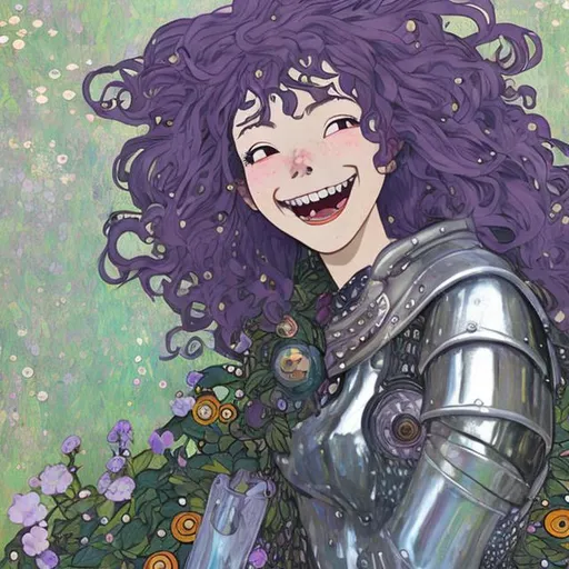 Prompt: beautiful laughing adult punk woman with wild purple hair wearing shining armor, style of studio ghibli, gustav klimt, pixar, high quality, realistic, photo realistic