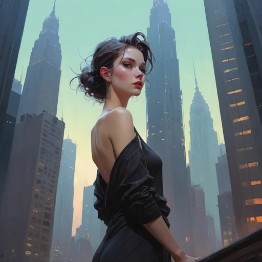 Prompt: woman as tall as skyscrapers, grunge, atey ghailan, Art by Jock,  pino daeni , art by lois van baarle and loish and ross tran , Charles Vess, Chiho Aoshima , Kay Nielsen, dark ambient, chiaroscuro, Simon Bisley, and H.R. Giger. insist artstation, art by stanley artgerm, painting by daniel f gerhartz,  art by Andrew Atroshenko,