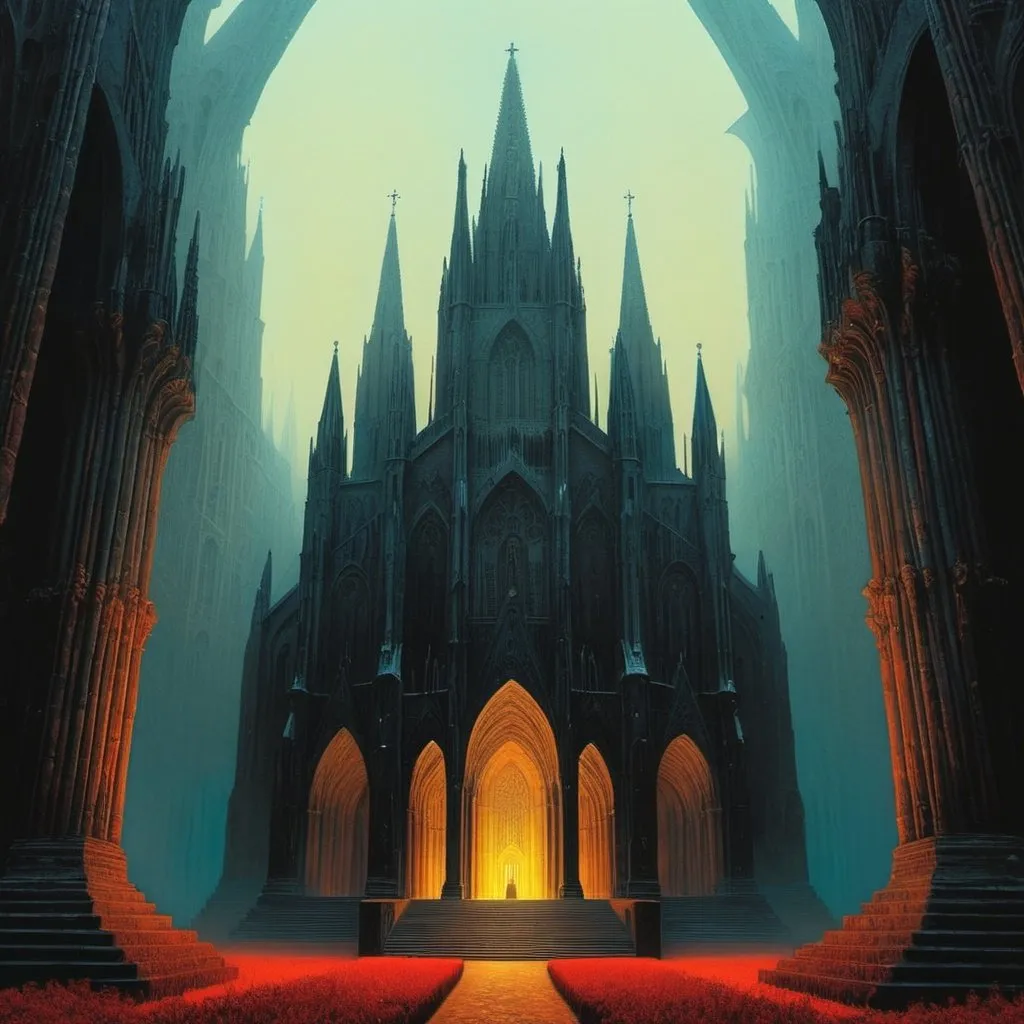 Prompt: otherworldly fantasy beautiful Cathedral in the world of Beksinski, harpers bazaar