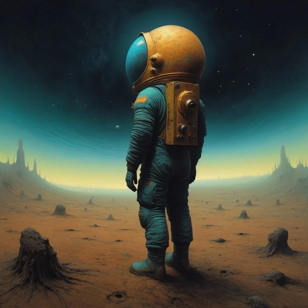 Prompt: deep space lonely astronaut the world of of Beksinski, aether magazine