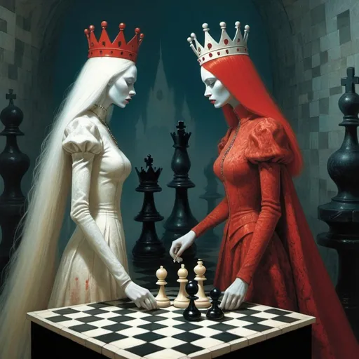 Prompt: red queen killing white queen in the world of Beksinski, chess, harpers bazaar