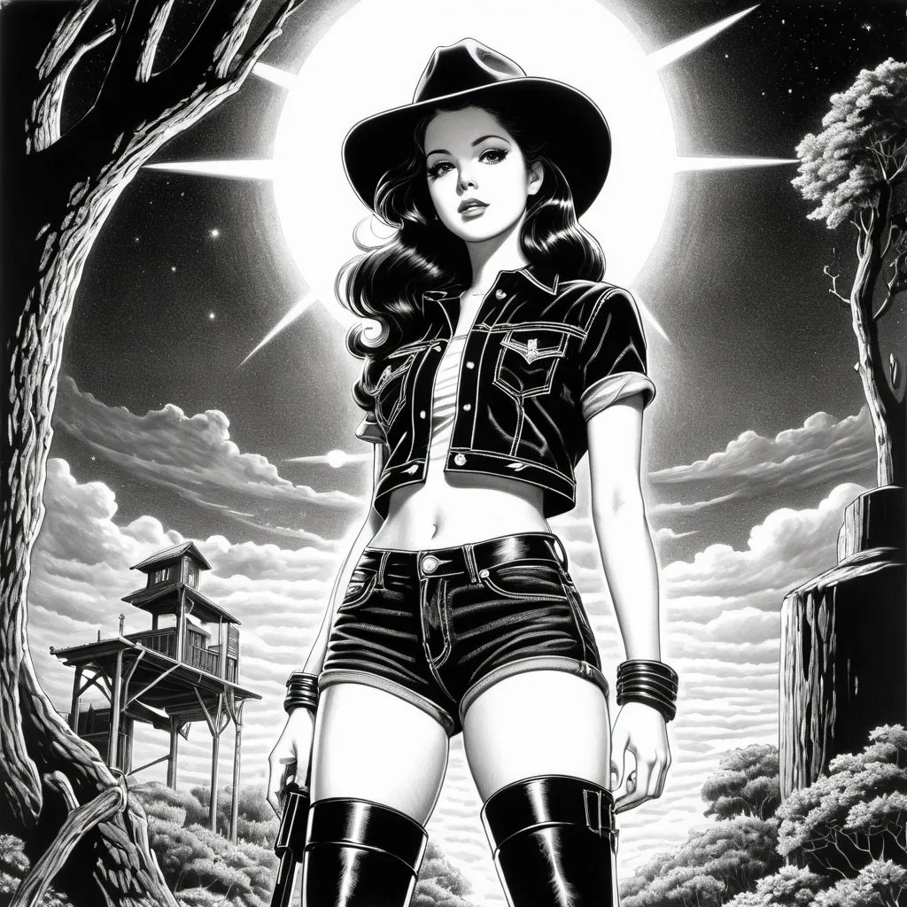 Prompt: Virgil Finlay, Tsubaki Nekoi, Vasanti Unka, Hiroshi Masumura, Chiho Saito, goth american girl in black jean shorts and black cowboy boots, detailed masterpiece low high angles perspectives, lana del rey, Wednesday adams, full body pinup