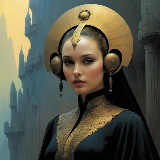 Prompt: Padme Amidala in the world of Beksinski, harpers bazaar