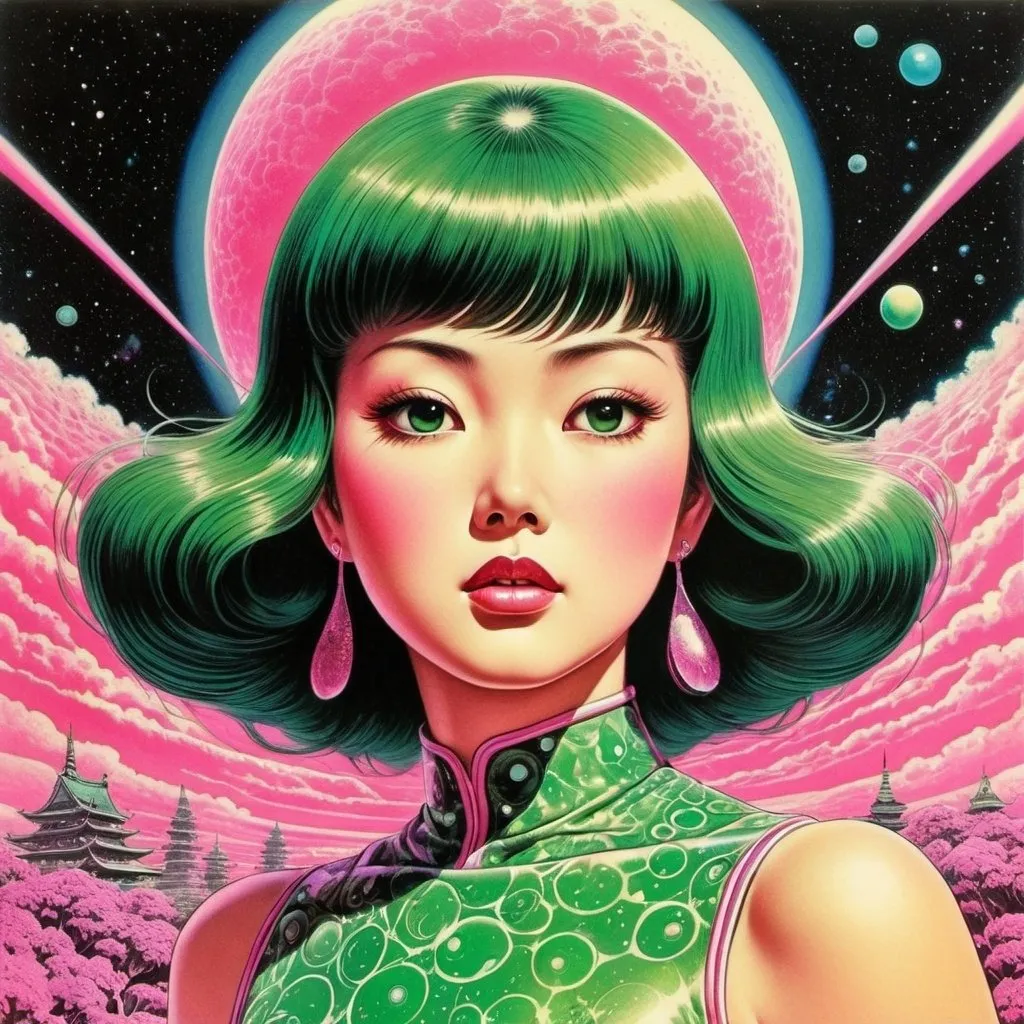 Prompt: Virgil Finlay, Tsubaki Nekoi, Vasanti Unka, Hiroshi Masumura, Chiho Saito, Surrealism, wonder, strange, bizarre, fantasy, Sci-fi, Japanese anime, cyberpunk superhero, retro futurism, detailed masterpiece low high angles perspectives, 70s psychedelic, pink and green colors