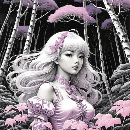 Prompt: Virgil Finlay, Tsubaki Nekoi, Vasanti Unka, Hiroshi Masumura, Chiho Saito, Surrealism, wonder, strange, bizarre, fantasy, Sci-fi, Japanese anime, dystopian forest fairy, white hair, detailed masterpiece low high angles perspectives, pink and light purple coloring, lolita fashion