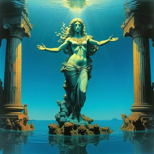 Prompt: 70s psychedelic collage, greek statue of aphrodite half submerged in water, alluring, ethereal, Michael Whelan, Beksinski