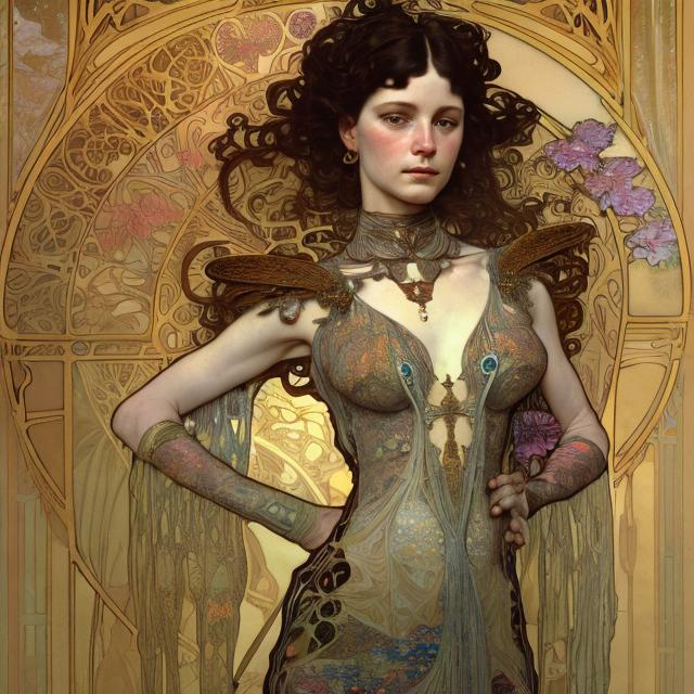 Prompt: woman in dragonfly dress by alphonse mucha and gustav klimt and casey weldon and wlop : : ornate, masterpiece, rich colors, intricate, elegant, highly detailed, vogue art, fashion magazine, smooth, sharp focus, 8 k, octane render
