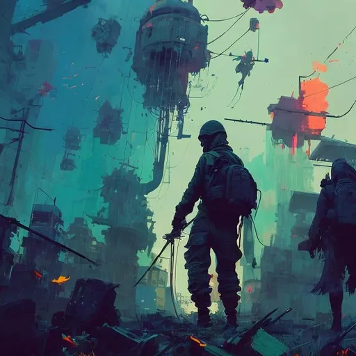 Prompt: illustration, last man standing on the battle field, colorful, grunge, atey ghailan, Art by Jock,  pino daeni , art by lois van baarle and loish and ross tran , Charles Vess, Chiho Aoshima , Kay Nielsen, dark ambient, chiaroscuro, Simon Bisley, and H.R. Giger. insist artstation, art by stanley artgerm, painting by daniel f gerhartz,  art by Andrew Atroshenko,