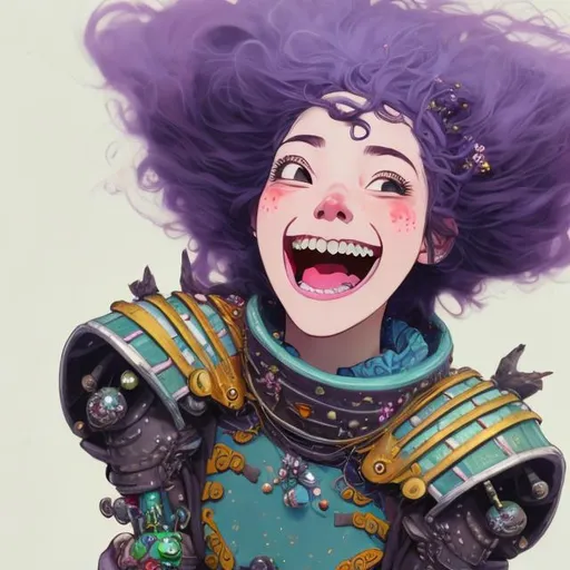 Prompt: beautiful laughing adult punk woman with wild purple hair wearing shining armor, style of studio ghibli, gustav klimt, pixar, high quality, realistic, photo realistic