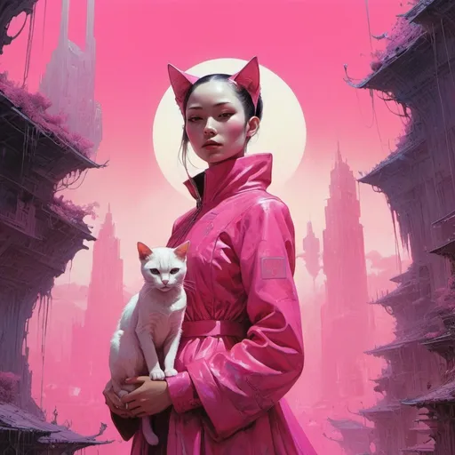 Prompt: woman holding a pink cat, retrofuturistic clothing, cyberpunk, bright neon colors, An incredibly ethereal world in style of Beksinski, harpers bazaar
atey ghailan, Art by Jock,  pino daeni , art by lois van baarle and loish and ross tran , Charles Vess, Chiho Aoshima , Kay Nielsen, 