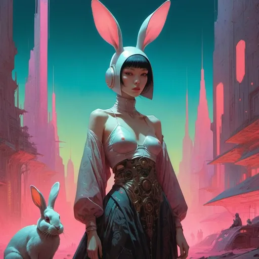 Prompt: woman next to large rabbit, retrofuturistic clothing, cyberpunk, bright neon colors, An incredibly ethereal world in style of Beksinski, harpers bazaar
atey ghailan, Art by Jock,  pino daeni , art by lois van baarle and loish and ross tran , Charles Vess, Chiho Aoshima , Kay Nielsen, 