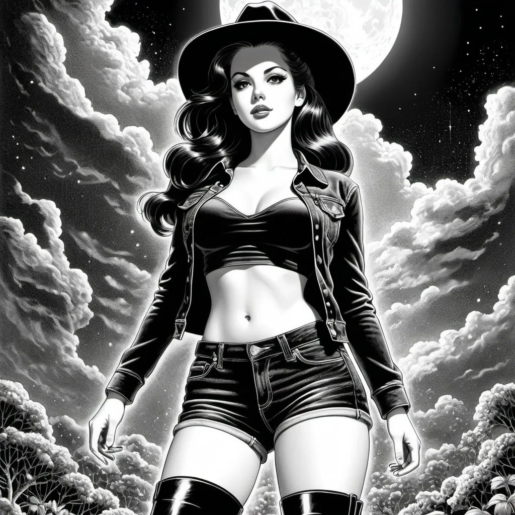 Prompt: Virgil Finlay, Tsubaki Nekoi, Vasanti Unka, Hiroshi Masumura, Chiho Saito, goth american girl in black jean shorts and black cowboy boots, detailed masterpiece low high angles perspectives, lana del rey, Wednesday adams, full body pinup, full color