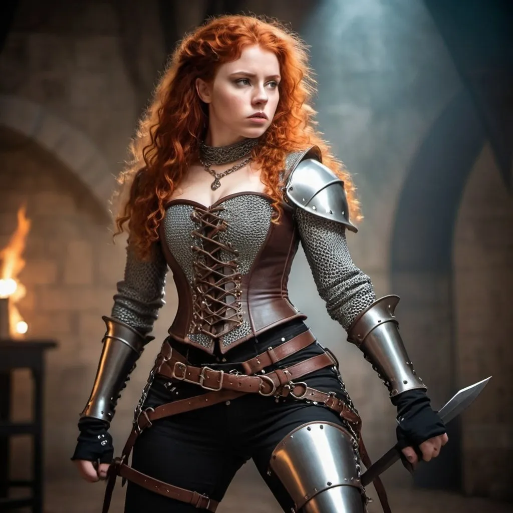 Prompt: woman in modern knightcore outfit, renaissance outfit with pants, ranger, punk, body in action pose, chain mail, corset, joan of arc, resembles princess Merida, beautiful, dramatic lighting