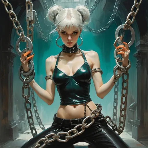 Prompt: woman violently breaking free from large chain shackles handcuffs, action pose, harpers bazaar, orange and teal colors, Art by Jock, pino daeni , art by lois van baarle and loish and ross tran , Charles Vess, Chiho Aoshima , Kay Nielsen, dark ambient, chiaroscuro, Simon Bisley, and H.R. Giger. insist artstation, art by stanley artgerm, painting by daniel f gerhartz, art by Andrew Atroshenko,