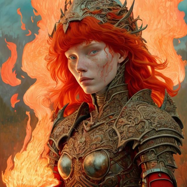 Prompt: beautiful red haired woman in heavy armor and a fiery sword, by martine johanna and simon stalenhag and chie yoshii and casey weldon and wlop : : ornate, dynamic, particulate, rich colors, intricate, elegant, highly detailed, harper's bazaar art, fashion magazine, smooth, sharp focus, 8 k, octane render