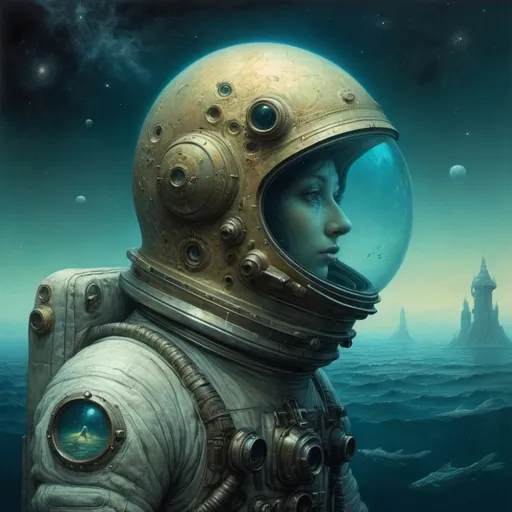 Prompt: deep space lonely astronaut the world of of Beksinski, harpers bazaar, Atlantis, sea monsters 