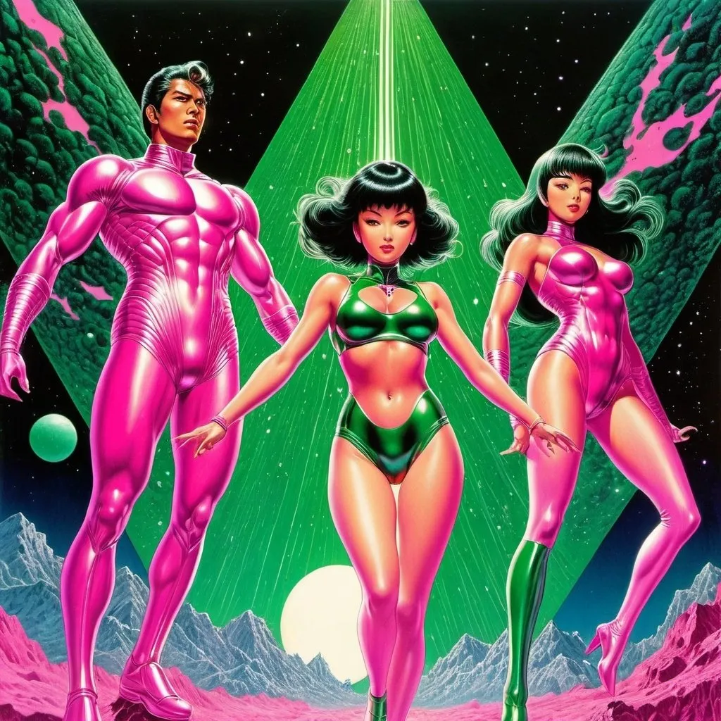 Prompt: Virgil Finlay, Tsubaki Nekoi, Vasanti Unka, Hiroshi Masumura, Chiho Saito, Surrealism, wonder, strange, bizarre, fantasy, Sci-fi, Japanese anime, cyberpunk superhero, retro futurism, detailed masterpiece low high angles perspectives, full body action, pink and green colors