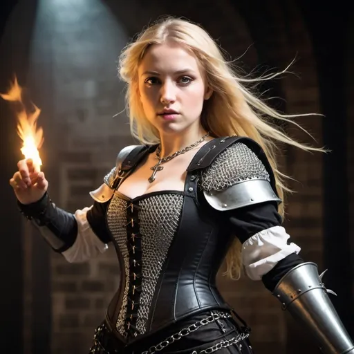 Prompt: woman in modern knightcore outfit, renaissance outfit, ranger, punk, hands raised in action post, chain mail, corset, long blonde hair flying out behind her, joan of arc, beautiful, dramatic lighting