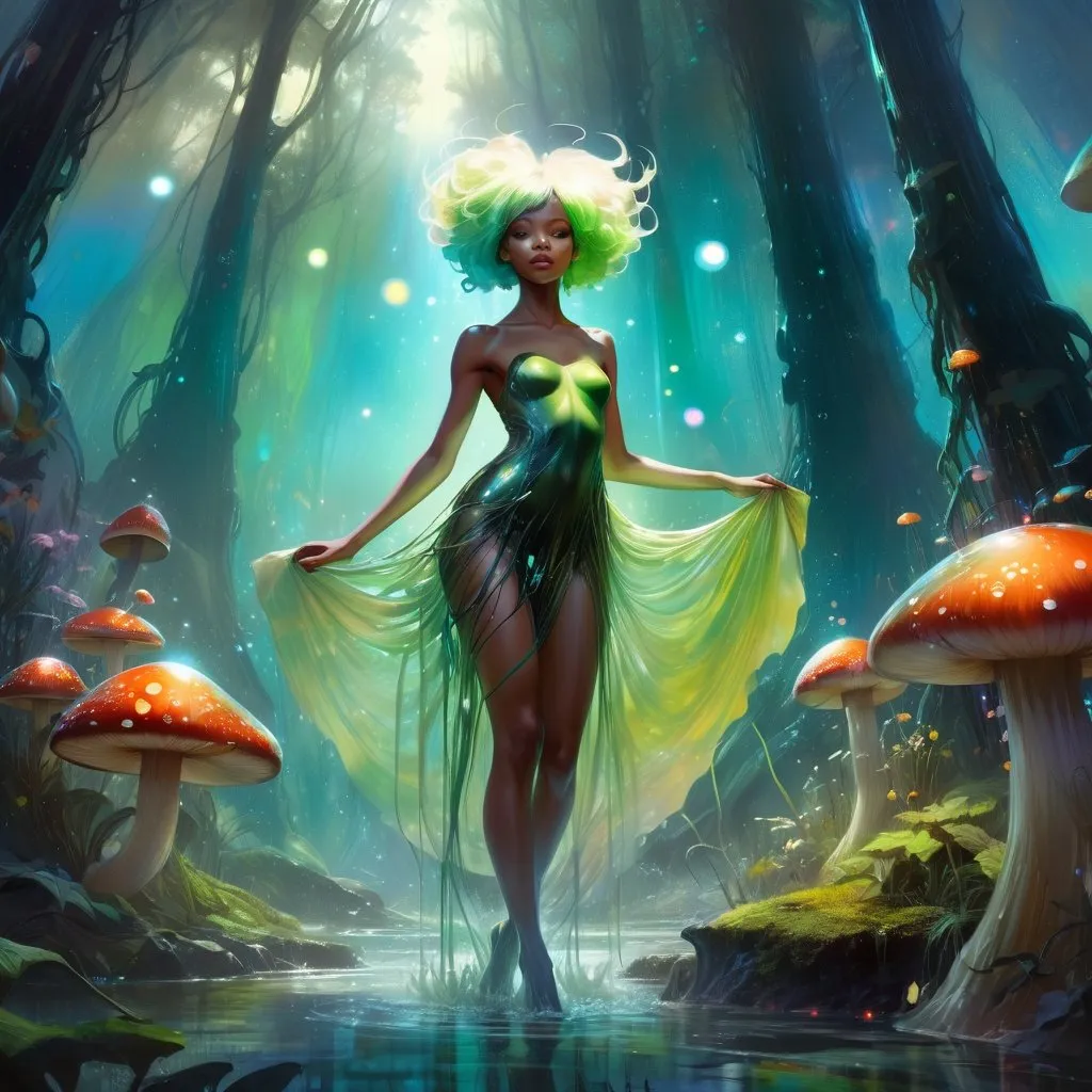 Prompt: fairy with wispy transparent dress, green knee length hair, organic shapes, unique universe, concept art, primary color hues, mushroom forest, fairy lights, underwater, magical world, bright uplifting tones, dynamic lighting, professional, highres, ultra-detailed, afro-futurism, Art by Jock, pino daeni , art by lois van baarle and loish and ross tran , Charles Vess, Chiho Aoshima , Kay Nielsen, dark ambient, chiaroscuro, Simon Bisley, and H.R. Giger. insist artstation, art by stanley artgerm, painting by daniel f gerhartz, art by Andrew Atroshenko,