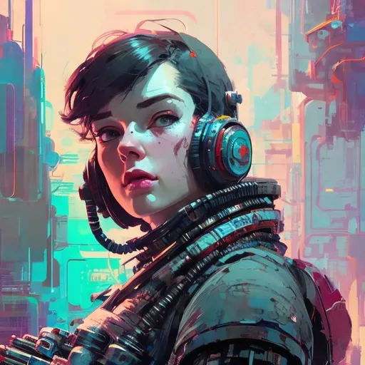 Prompt: detailed face, Retro futurism styled punk woman with big guns, heavily detailed, unique universe, concept art, primary color hues, magical world, bright uplifting tones, dynamic lighting, professional, highres, ultra-detailed, retro-futurism, comic style, dynamic lighting, unique concept,  atey ghailan, Art by Jock, pino daeni , art by lois van baarle and loish and ross tran , Charles Vess, Chiho Aoshima , Kay Nielsen, dark ambient, chiaroscuro, Simon Bisley, and H.R. Giger. insist artstation, art by stanley artgerm, painting by daniel f gerhartz, art by Andrew Atroshenko,