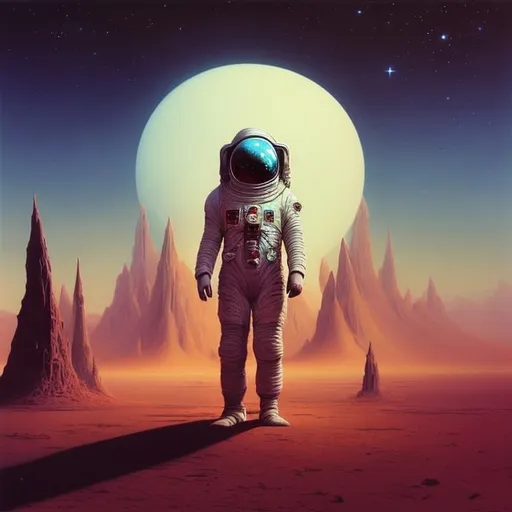 Prompt: spaceman in the desert, high quality, in the style Michael Whelan, Beksinski, highres, fantasy, ethereal lighting, enchanting atmosphere, dreamlike, surreal, whimsical, mystical setting, fairytale, vibrant colors, soft moonlight, illustration