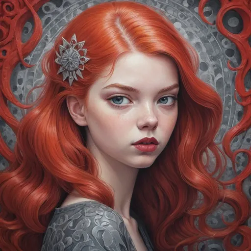 Prompt: Gouache paint painting of a red head anya taylor joy, pastel goth color, dreamy, surrealism, abstract painted background with gouache paint strokes, intricate details, 3D rendering, octane rendering . Nicoletta Ceccoli style, Virgil Finlay, Tsubaki Nekoi, Vasanti Unka, Hiroshi Masumura, Chiho Saito,
