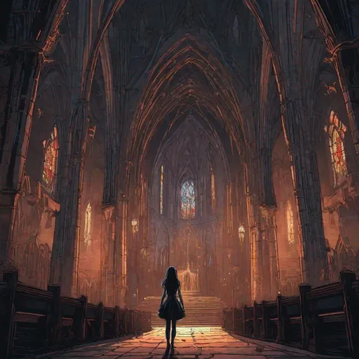 Prompt: girl standing before a gothic church, Dan Mumford, Brock Hofer, trending on artstation