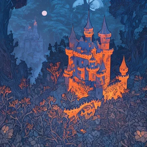 Prompt: castle with glowing river, in the style of William Morris, moonlit flowers, highres, fantasy, ethereal lighting, detailed nature, enchanting atmosphere, glowing flora, dreamlike, surreal, whimsical, mystical setting, fairytale, vibrant colors, soft moonlight, illustration, photograph, blue and orange colors