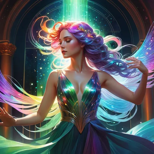 Prompt: dramatic action, fighting stance, super-high-detailed, very long rainbow hair with
iridescent gown, quality, sharp focus, 8k, intricately detailed environment,  watercolor illustration, colorful, bright colors, whimsical, glowing lights, liquid otherworldly, Broken Glass effect, stunning, something that even doesn't exist, mythical being, energy, molecular, textures, iridescent and luminescent scales, breathtaking beauty, pure perfection, divine presence, unforgettable, impressive, breathtaking beauty, Volumetric light, auras, rays, vivid colors reflects, unreal engine, greg rutkowski, loish, rhads, beeple, makoto shinkai and lois van baarle, ilya kuvshinov, rossdraws, tom bagshaw, alphonse mucha, global illumination, detailed and intricate environment