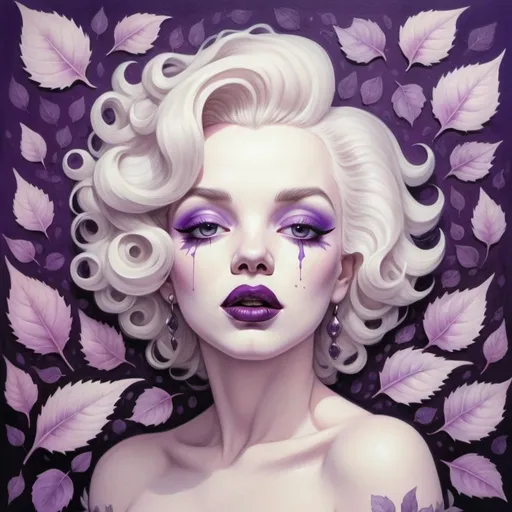 Prompt: Gouache paint painting of a goth marylyn monroe, purple eyes, flowery hair and body covered with many leaves, pastel goth color, dreamy, surrealism, abstract painted background with gouache paint strokes, intricate details, 3D rendering, octane rendering . Nicoletta Ceccoli style.
