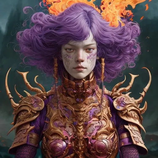 Prompt: purple haired woman in heavy armor and a fiery sword, by martine johanna and simon stalenhag and chie yoshii and casey weldon and wlop : : ornate, dynamic, particulate, rich colors, intricate, elegant, highly detailed, harper's bazaar art, fashion magazine, smooth, sharp focus, 8 k, octane render