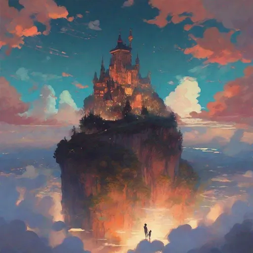 Prompt: illustration, floating castle in the clouds, studio ghibli castle in the sky, nature, colorful, grunge, atey ghailan, Art by Jock,  pino daeni , art by lois van baarle and loish and ross tran , Charles Vess, Chiho Aoshima , Kay Nielsen, dark ambient, chiaroscuro, Simon Bisley, and H.R. Giger. insist artstation, art by stanley artgerm, painting by daniel f gerhartz,  art by Andrew Atroshenko, 

