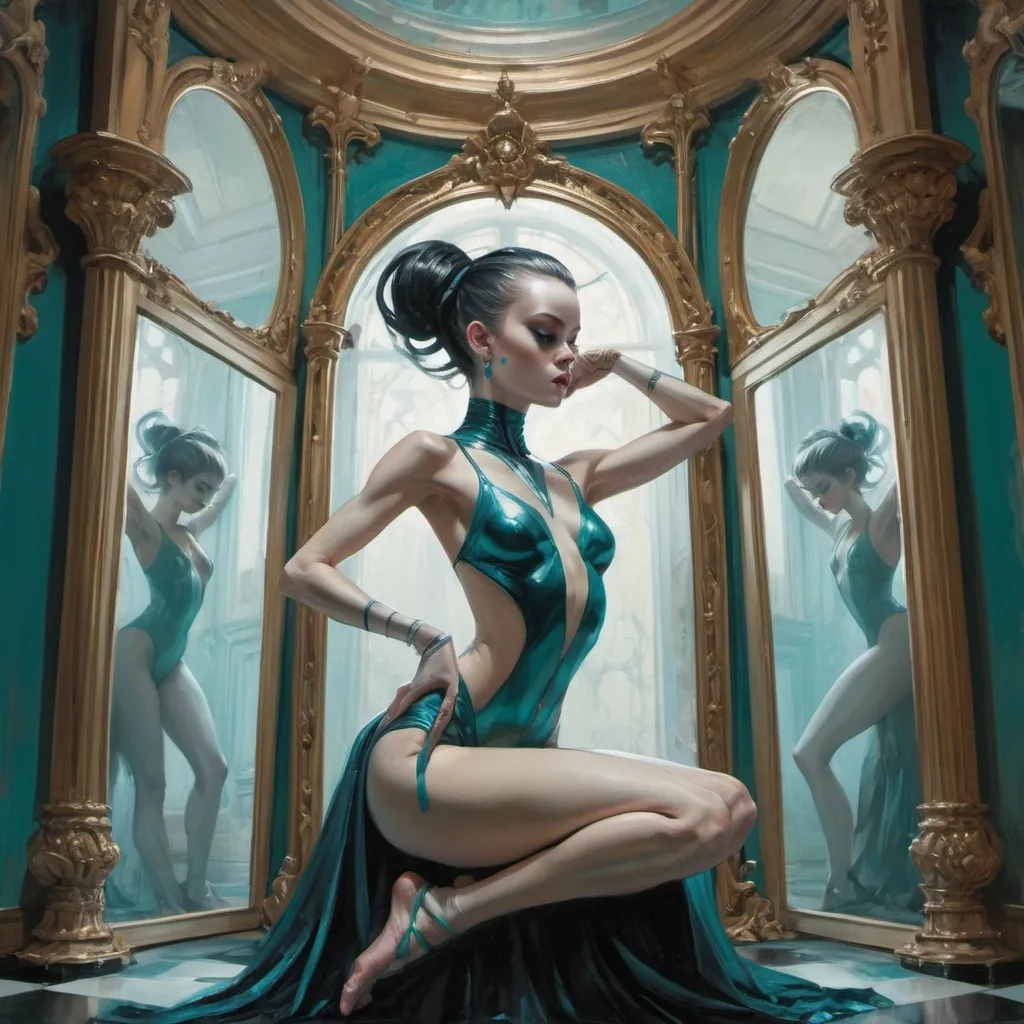 Prompt: gothic Elizabethan contortionist gymnast in a hall of mirrors, harpers bazaar, orange and teal colors, Art by Jock, pino daeni , art by lois van baarle and loish and ross tran , Charles Vess, Chiho Aoshima , Kay Nielsen, dark ambient, chiaroscuro, Simon Bisley, and H.R. Giger. insist artstation, art by stanley artgerm, painting by daniel f gerhartz, art by Andrew Atroshenko,