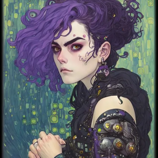 Prompt: strong beautiful adult punk woman with a strong jawline dark eyebrows and wild purple hair wearing shining armor, style of studio ghibli, gustav klimt, pixar, high quality, realistic, photo realistic