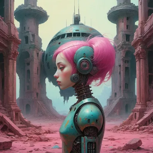 Prompt: close up of lonely robot girl with pink hair among palatial ruins of a spaceship, dreamy, dark fantasy, animated style, mysterious, masterpiece painting, jewel colors, detailed, Beksinski