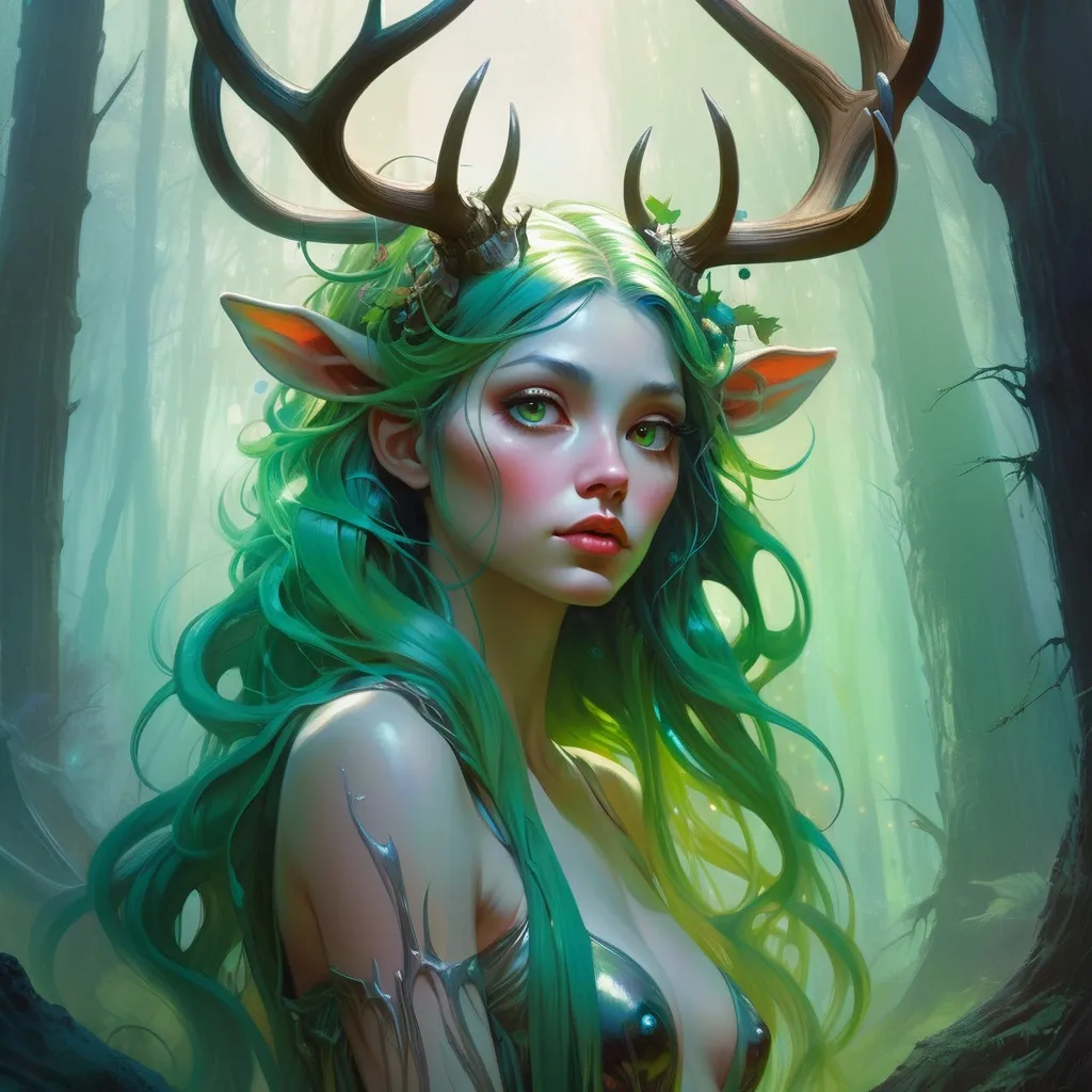 Prompt: lovely forest nymph with deer antlers, large eyes, long green hair, heavily detailed, organic shapes, unique universe, concept art, primary color hues, magical world, bright uplifting tones, dynamic lighting, professional, highres, ultra-detailed, retro-futurism, Art by Jock, pino daeni , art by lois van baarle and loish and ross tran , Charles Vess, Chiho Aoshima , Kay Nielsen, dark ambient, chiaroscuro, Simon Bisley, and H.R. Giger. insist artstation, art by stanley artgerm, painting by daniel f gerhartz, art by Andrew Atroshenko,