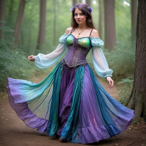 Prompt: fairy Renaissance fair outfit, gauzy and iridescent fabric, iridescent billowing layered gypsy peasant skirt and cinched corset, shiny translucent iridescent purple green and blue
