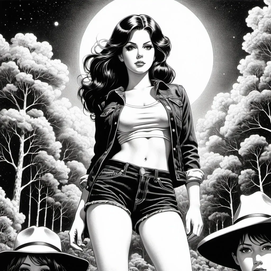 Prompt: Virgil Finlay, Tsubaki Nekoi, Vasanti Unka, Hiroshi Masumura, Chiho Saito, goth american girl in black jean shorts and black cowboy boots, detailed masterpiece low high angles perspectives, lana del rey, Wednesday adams, red white and blue, full body pinup