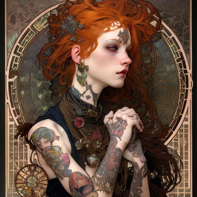 Prompt: punk tattooed goth redhead, by alphonse mucha and chie yoshii and casey weldon and wlop : : ornate, masterpiece, rich colors, intricate, elegant, highly detailed, harper's bazaar art, fashion magazine, smooth, sharp focus, 8 k, octane render