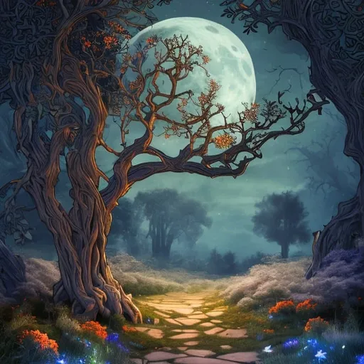 Prompt: tree with door, in the style of William Morris, moonlit flowers, highres, fantasy, ethereal lighting, detailed nature, enchanting atmosphere, glowing flora, dreamlike, surreal, whimsical, mystical setting, fairytale, vibrant colors, soft moonlight, illustration, photograph, blue and orange colors