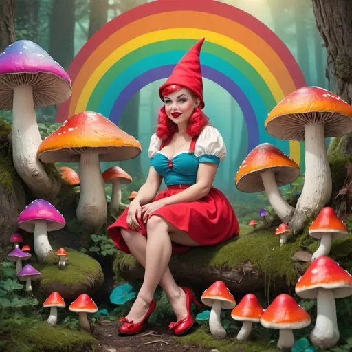 Prompt: pinup female gnome, high quality, highres, 1950s, vintage, rainbow mushrooms, dreamlike, surreal, whimsical, mystical setting, fairytale, vibrant colors