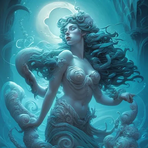 Prompt: goddess of the sea, high quality, in the style Michael Whelan, moonlit flowers, highres, fantasy, ethereal lighting, enchanting atmosphere, dreamlike, surreal, whimsical, mystical setting, fairytale, vibrant colors, soft moonlight, illustration