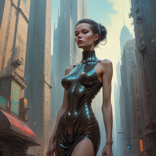 Prompt: 50ft tall woman among skyscrapers with a tiny figure next to her, retrofuturistic clothing, cyberpunk, bright neon colors, An incredibly ethereal world in style of Beksinski, harpers bazaar
and H.R. Giger. insist artstation, art by stanley artgerm, painting by daniel f gerhartz, art by Andrew Atroshenk