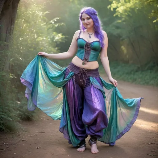 Prompt: fairy Renaissance fair outfit, gauzy and iridescent fabric, iridescent billowing layered gypsy harem pants and cinched corset, shiny translucent iridescent purple green and blue
