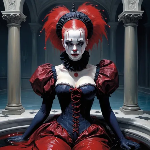Prompt: gothic Elizabethan clown in a pool of blood, harpers bazaar, red and navy colors, Art by Jock, pino daeni , art by lois van baarle and loish and ross tran , Charles Vess, Chiho Aoshima , Kay Nielsen, dark ambient, chiaroscuro, Simon Bisley, and H.R. Giger. insist artstation, art by stanley artgerm, painting by daniel f gerhartz, art by Andrew Atroshenko,