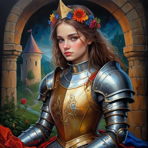 Prompt: female storybook knight, dreamy, dark fantasy, masterpiece painting, vivid colors, detailed