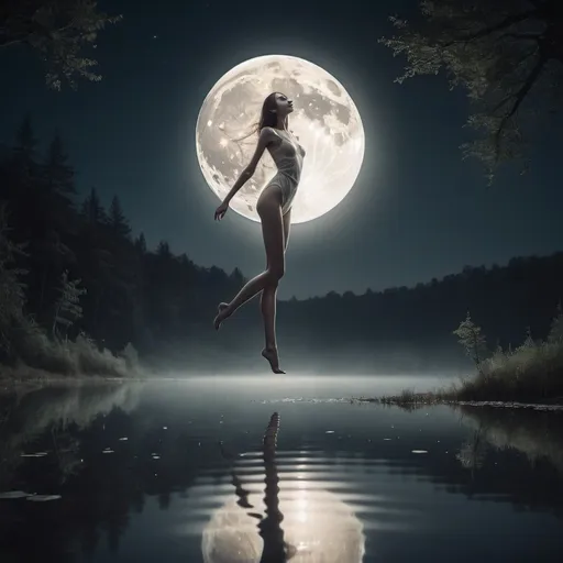 Prompt: woman with long legs floating over a still lake, reflecting moon light, ethereal, alien beauty