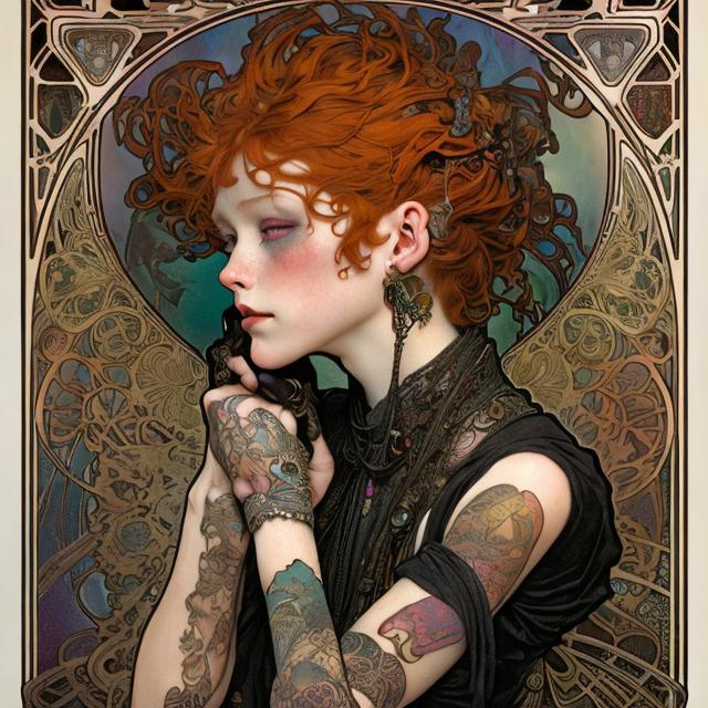 Prompt: punk tattooed goth redhead, by alphonse mucha and chie yoshii and casey weldon and wlop : : ornate, dynamic, particulate, Pâte de Verre magical particles, masterpiece, rich colors, intricate, elegant, highly detailed, harper's bazaar art, fashion magazine, smooth, sharp focus, 8 k, octane render